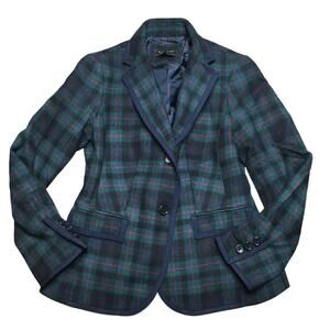 Talbots Petites Womens Plaid Lined Wool Blend Blazer Coat Jacket Green Blue 2P